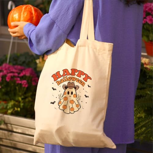Kazova Halloween Canvas Tote Bag Cute Funny Ghost Tote Bag Cotton Reusable Grocery Shopping Beach Bag Halloween Shoulder Bag For Women Handbag - color: Ghost