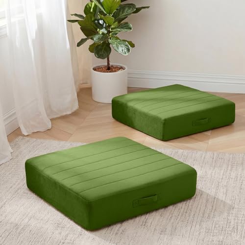 MeMoreCool Square Floor Pillows for Adults Kids, 2 Sets Large Green Cushion | 2 pack washable tufted floor cushions, 5 inch thick foam seats for yoga and family room - color: Forest Green, size: 22 Inch