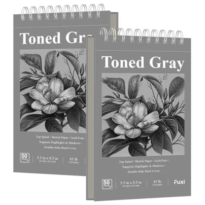 Fuxi Toned Gray Sketchbook, 2-Pack - 5.5" x 8.5", | 85lb/130gsm Charcoal Drawing Paper, 50 Sheets Per Pad. - color: Toned Gray