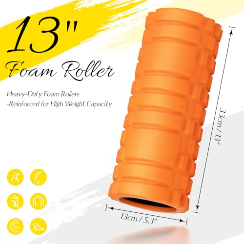 Foam Roller 13'' Multi-Density Massager for Deep Tissue & Muscle Recovery | Patented Exercise Roller for Relieves Tight, Sore Muscles & Kinks, Improves Mobility & Circulation - Targets Key Body Parts - color: Orange