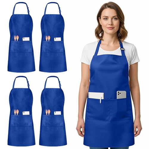 Utopia Kitchen 4 Pack Bib Apron Adjustable with 2 Pockets, Water and Oil Resistant, Cooking Kitchen Chef Apron for Women Men - color: Blue
