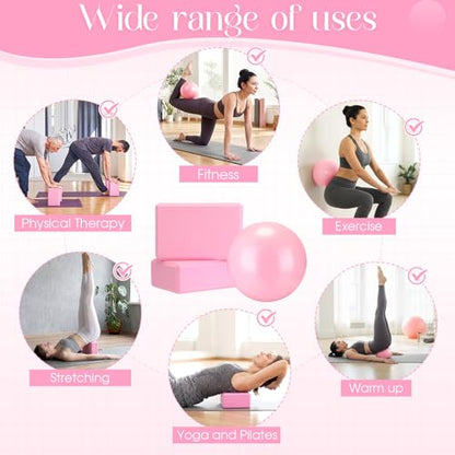 18 Pieces Yoga Block and Pilates Ball Set, 12 Foam Non-slip Yoga Bricks with 6 Small Exercise Balls for Pilates, Stretching & Home Workout