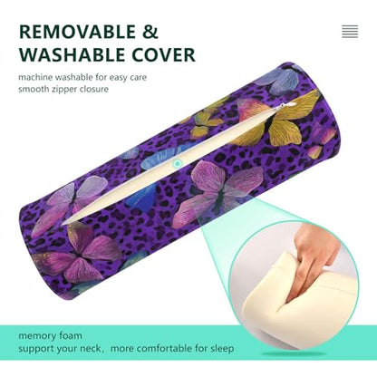 Bolster Pillow Neck Pillow Round Soft Health Memory Foam Pillows Long Cylindrical Body Pillow with Removable Cover Cute Back Yoga Colorful Butterflies and Purple Leopard Print 17" x 5.5" - color: Colorful Butterflies and Purple Leopard Print