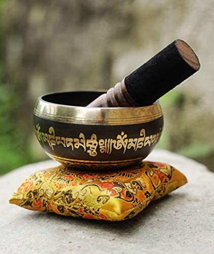 Tibetan Singing Bowl Set Bronze - Master Healing Grade - With Tibetan Thangka Art - Pure Tone By HIMALAYAN BAZAAR (Black & Yellow) - color: Black - Yellow