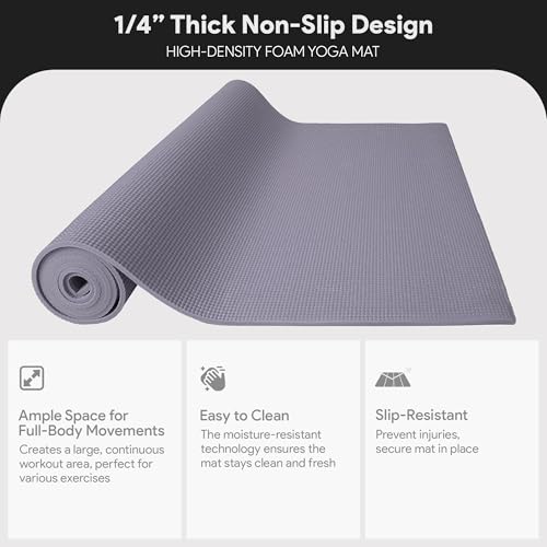 Fitvids All Purpose 1/4-Inch High Density Anti-Tear Exercise Yoga Mat with Carrying Strap, Multiple Colors - color: Gray