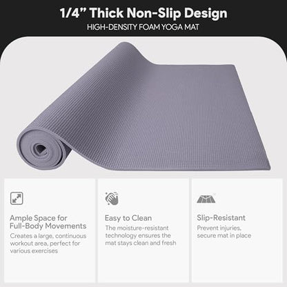 Fitvids All Purpose 1/4-Inch High Density Anti-Tear Exercise Yoga Mat with Carrying Strap, Multiple Colors - color: Gray