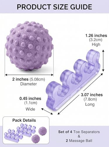 4-Piece Toe Spreaders and Foot Massage Ball Kit | 2-Pair Gel Spacers, 2 Massage Balls, Foot Relaxation, Dancers, Runners, High Heels, Purple - color: Purple