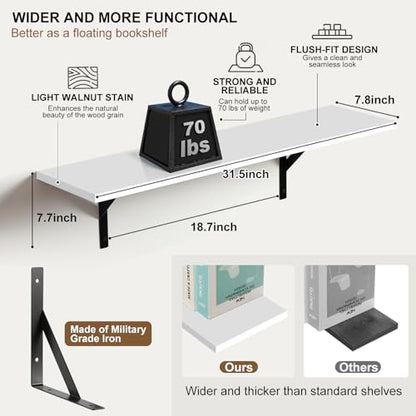 Tectocker-DOU 31.5" Long Floating Book Shelves for Wall, Heavy Duty, White - color: White, size: 31.5W×8D