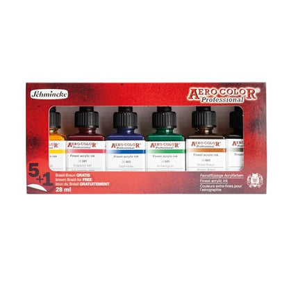 Schmincke Aero Color Professional Finest Acrylic Ink Set | Limited Edition 6x28ml Liquid Acrylic Artist Ink Including Brown Brasil