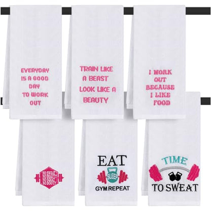 Hahafelt 6 Pcs Funny Novelty Fitness Gym Embroidered Towels with Quotes Pink Cotton Fitness Sweat Towels Personal Trainer Workout Gifts for Women Yoga Bodybuilding Lovers Gift