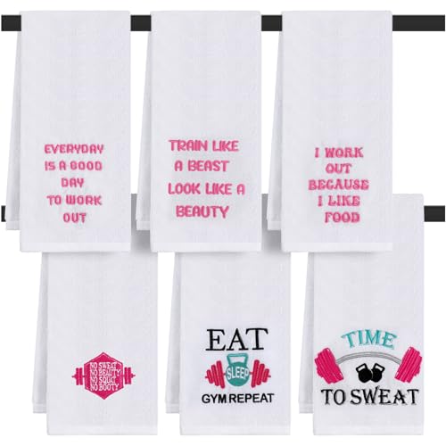 Hahafelt 6 Pcs Funny Novelty Fitness Gym Embroidered Towels with Quotes Pink Cotton Fitness Sweat Towels Personal Trainer Workout Gifts for Women Yoga Bodybuilding Lovers Gift