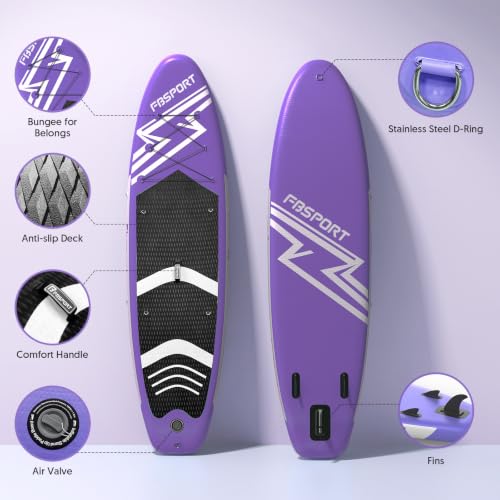 FBSPORT 11' Premium Stand Up Paddle Board, Yoga Board with SUP Accessories & Carry Bag | Wide Stance, Surf Control, Non-Slip Deck, Leash, Paddle and Pump for Youth & Adult - color: Purple