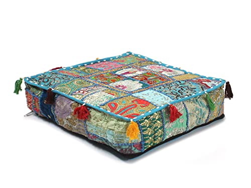 Mam Treasures Indian Bohemian Decorative Pillow Vintage Cushion Cover Patchwork Square Floor Pillow Cover Meditation Cushion Large Floor Pillow Indian Cushion (Light Blue, 18 X 18 X 5 Inch) - color: Light Blue, size: 18" x 18" (Pack of 1)