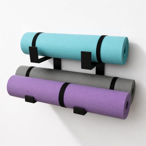 Yoga Mat Holder Wall Mount, 2-Pack Home Gym Storage Rack | Space-saving wall organizer stores yoga mats, foam rollers, and resistance bands for home gyms, studios, and workout spaces.