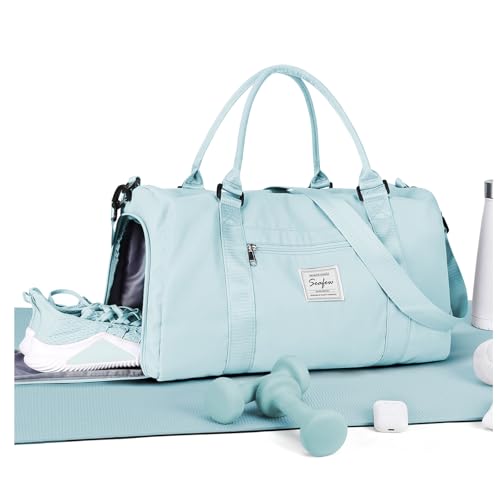 Gym Bags Womens Mens with Shoes Compartment and Wet Pocket Travel Duffel Bag for Women for Plane Sport Gym Tote Bags Swimming YogaSmall Waterproof Weekend Overnight Bag Carry on Bag Hospital Holdalls - color: A1-Light Blue