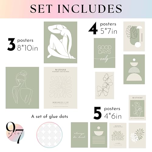 97 Decor Sage Green Wall Art, 12 Boho Abstract Prints, 8x10 Unframed | Cardstock prints, 3 pcs 8x10, 4 pcs 5x7, 5 pcs 4x6, neutral beige green tones, dorm and teen bedroom gallery wall - color: Sage Green Soft