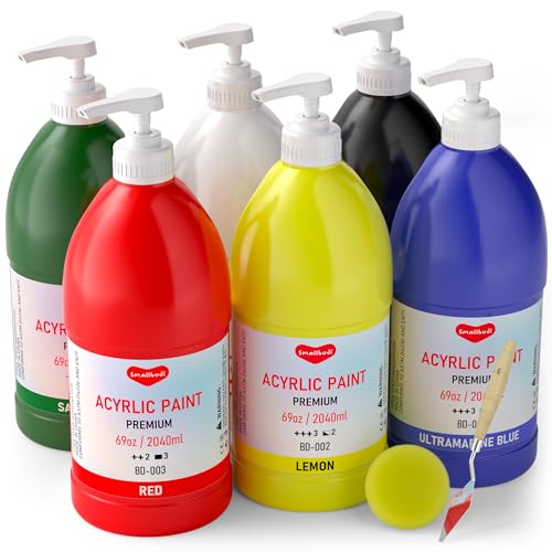 Smallbudi 6 Colors Large Bulk Acrylic Paint Set 69oz/2040ml for Artists | Rich Pigment Art Painting Supplies Non Toxic Acrylic Kit for Kid & Adult Painting on Canvas Wood Fabric Rock Craft, with Pump - color: 6 Colors 2040ml