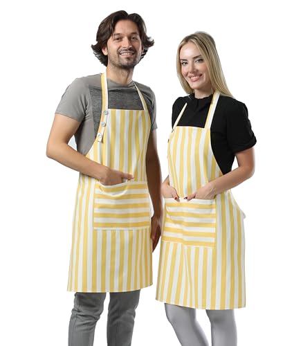 TOSHEX Kitchen Apron Cotton Waterdrop Resistant Adjustable Button Women Men | Premium Cotton Cooking Apron with Pocket. Striped, Gift, Yellow - color: Yellow