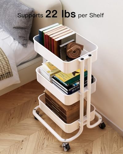 Pipishell 3 Tier Metal Rolling Utility Cart with 2 Lockable Wheels, White | 360° Rotating Wheel, Heavy-Duty Steel, Sturdy Dual Columns, Ventilated Mesh, Hold 22 lbs per Shelf, for Kitchen & Living Room - color: White, size: 3 Tier