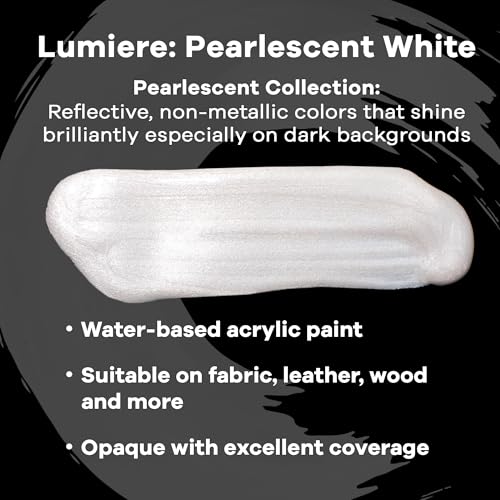 Jacquard Lumiere 8oz Fabric Paint Pearlescent White - Metallic Paint for Fabric Paper Wood Ceramic and Metal - Light-bodied Metallic Acrylic Paint - Lightfast & Vibrant Metallic Acrylic Paints - color: Pearlescent White, size: 8 Fl Oz (Pack of 1)