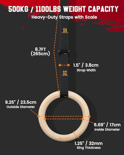 Gonex Wooden Gymnastic Rings with Adjustable Straps, 8.7 ft | Birch Wood Rings, Quick-adjust Carabiners Buckle Numbered Straps, Home Gym & Outdoor Training, Full-body Strength Workouts - style: 32mm Birch Wooden Ring & Buckle Numbered Straps