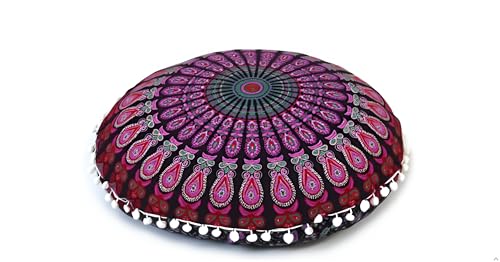 CRAFT KALA 22 Inch Round Mandala Floor Pillow Cushion Cover Seating Throw Cover Hippie Decorative Bohemian Ottoman Poufs Pom Pom Pillow Cases Boho Cotton Living Room Yoga Home Décor (Pink Mirchi) - color: Pink Mirchi