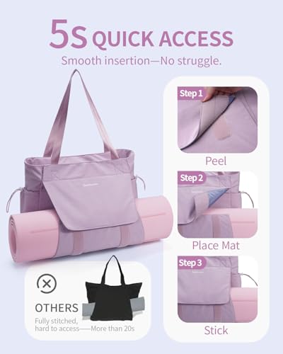 sportsnew Yoga Mat Bag Waterproof Tote Gym Bag Mat Carrier W/Wet Pocket | hook-and-loop mat holder 5s quick access, 40oz handled bottle pocket, wet bag, lightweight waterproof, drawstring pockets,19L - color: Lavender