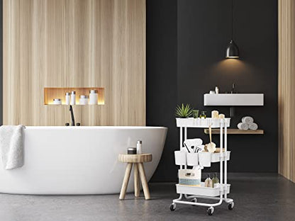 CAXXA 3-Tier Rolling Storage Organizer with 3 Small Baskets - Mobile Utility Cart with Caster Wheels (White)