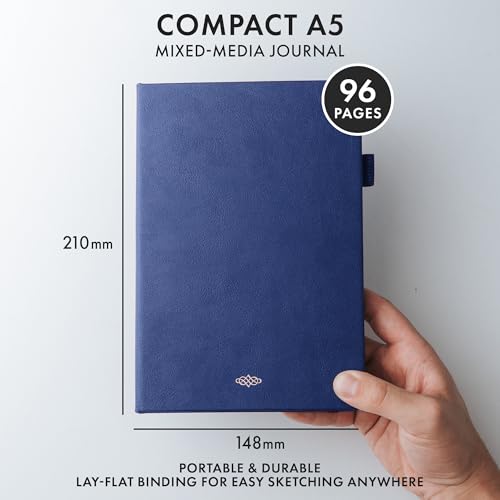 Wordsworth & Black Mixed Media Journal, 96 Pages, A5 Paper, Blue | Hardcover Leather, 190 GSM, Journaling Notebook for Work, Sketching, Gift for Women, Men - color: Blue