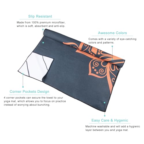 QiyI Hot Yoga Towel with Grip Dots, Non Slip, 70"x26", Golden Mandala - color: Luxury Golden Mandala, size: 70"x26"