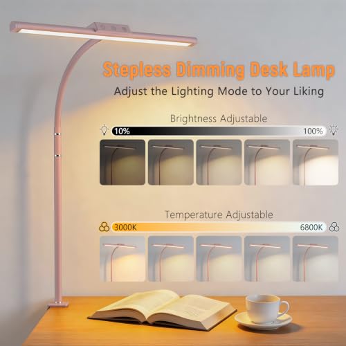 LED Desk Lamp for Home Office, Flexible Gooseneck Desk Lamp with Clamp, 5 Color Touch Control Stepless Dimming Adjustable Eye-Caring Desk Light with Adapter for Reading, Study, Workbench (Pink) - color: Pink