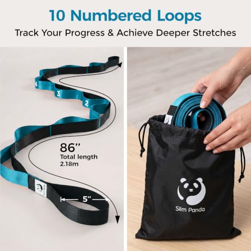 Slim Panda Stretching Strap with Loops - Non-Elastic Heavy Duty Nylon Yoga & PT - Oversized Multi-Loop Home Rehab - Hamstring Shoulder Pilates Flexibility - color: Blue