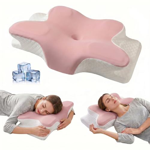 Cervical Pillow for Neck Pain Relief, Orthopedic Memory Foam Pillow with Cooling Cover, Contour Ergonomic Support for Side Back Stomach Sleepers (Pink) - color: Pink