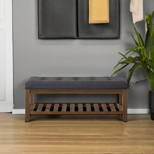 24KF Large Rectangular Upholstered Tufted Linen Fabric Ottoman Bench, Padded Bench with Solid Wood Shelf-Charcoal - color: Charcoal-bench, size: 16"D x 44"W x 18"H