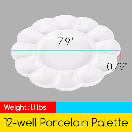 MEEDEN 12-Well Ceramic Paint Palette, Porcelain Tray, Artist Watercolor Mixing Palette, Round, 7.9'x 7.9'x 0.79' - size: 12 Wells