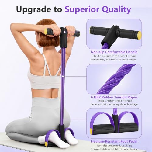 Pedal Resistance Band with Handle, 6-Tube Natural Rubber Exercise Bands - color: Black & Purple