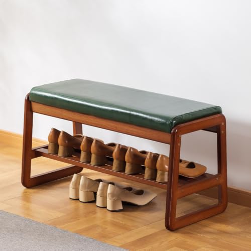 SOBIBO Solid Wood Shoe Bench, 2-Tier Wooden Entryway Bench, Modern Shoe Rack with Faux Leather Cushion for Hallway, Living Room (Green, 31.5'') - color: Green, size: 31.5 inches