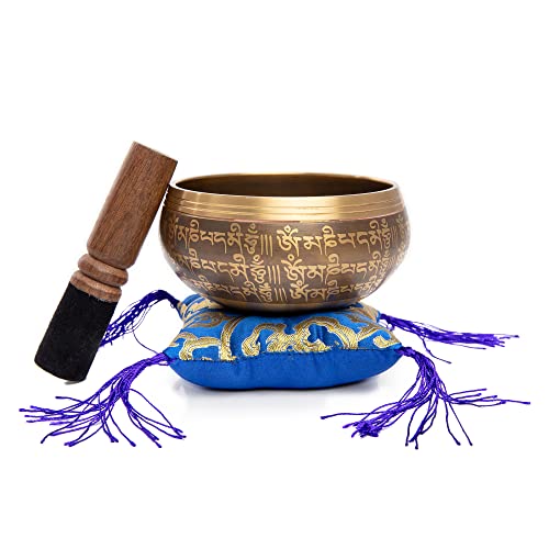Tibetan Singing Bowl Set - Easy To Play Authentic Handcrafted For Meditation Sound Bowl Chakra Yoga Healing 4 Inches By Himalayan Bazaar (Brown & Blue) - color: Brown - Blue