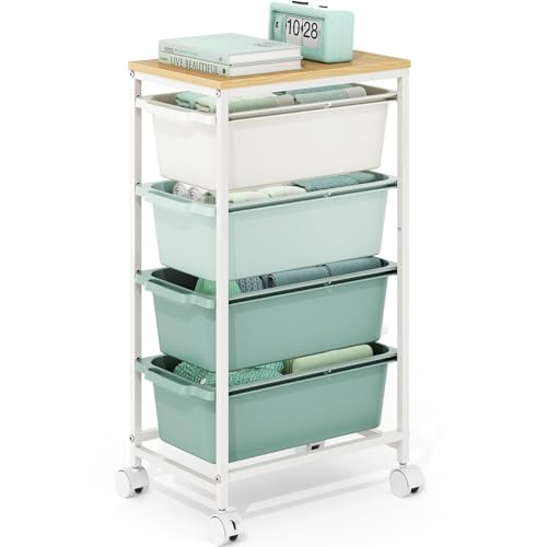 KINGBOARD Slim Rolling Cart with 4 Drawers, Metal Utility Storage Cart | Wooden Tabletop, Lockable Wheels, Table Side Trolley for Bedroom, Children's Room and Office Organization, Green - color: Green, size: 4-Tier