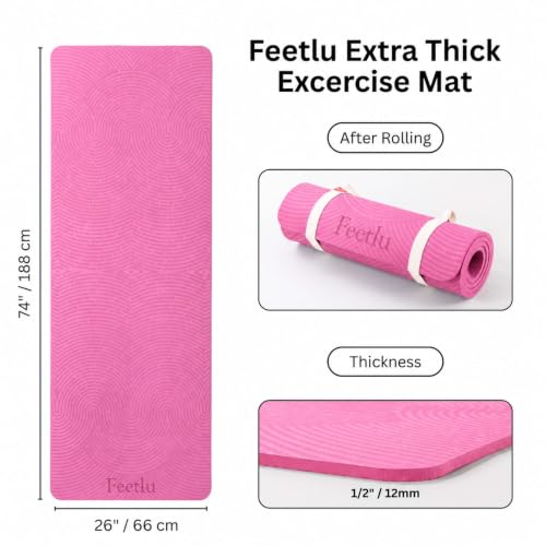 Extra Thick 12mm Exercise Mat – 74"L x 26"W Inch, Non-Slip, Joint-Friendly & Cushioned Fitness Mat for Yoga, Pilates & Floor Workouts – Durable, Supportive & Includes Feetlu Classic Strap - color: LT Pink & Gray