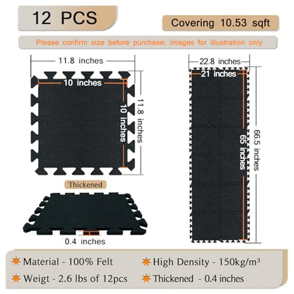 BXI Puzzle Exercise Mat 12 Pcs, 11 x 11 x 0.4 inches, High Density Noise Reduction Puzzle Felt Rug Mat, Non Slip Interlocking Floor Tiles for Workout, Gymnastics and Home Gym Protective Flooring - size: 0.4" Thickness, 12 Pcs