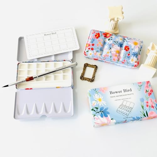 Bower Bird Travel Watercolor Palette,Portable Ceramic Palette 16 Well,Empty Paint Palette,Small Travel Metal Paint Boxwith Porcelain Palette (18Well Set) - size: 18 Wells Set