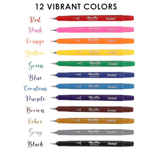Grabie AquaFlex Sign Brush Pen Set of 12 – Flexible Brush Tip with Waterproof, Archival Ink for Calligraphy, Journaling, Drawing & Illustration – Vibrant, Quick-Drying, Non-Toxic & Smudge-Proof