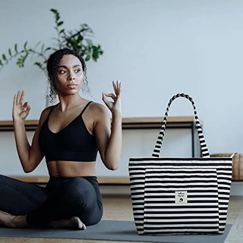 WLLWOO Yoga Mat Carrier Bag for Women Canvas Carryall Tote Gym Pilates | Large Holder Zipper Shoulder for Beach Travel Workout Fitness Office - color: stripes