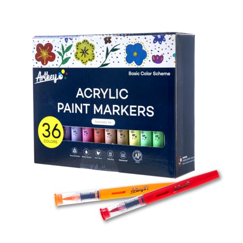 Artkey Acrylic Paint Markers 36 Colors, Direct-Liquid Acrylic Paint Pens with Automatic Ink Control, Flexible Brush Tip Acrylic Markers Set for Rock Painting, Wood, Canvas, Glass, Ceramic, DIY Crafts - color: 36 Colors