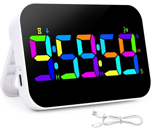 Kitchen LED Digital Timer Rechargeable, RGB Count Down Up Digital Timer with Vioce Reminder for Kitchen Classroom Cooking Study, Vibration Mode 3 Level Adjustable Volume and Brightness