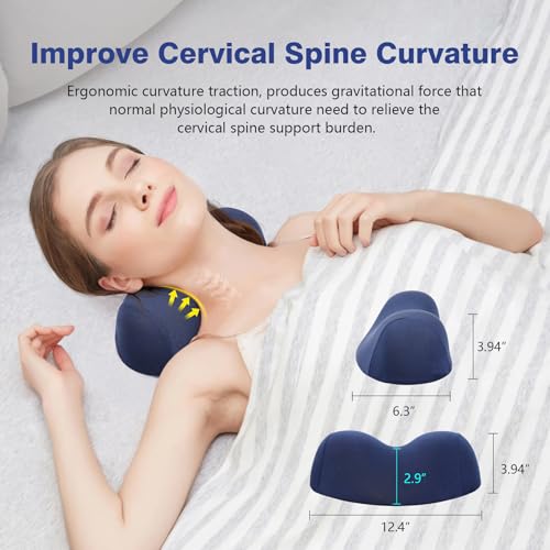 ComfortLife Small Neck Stretcher Pillow for Pain Relief, Medium Soft Cervical Traction Device Neck Mild Support Pillow Foam Cervical Neck Pillow for Tension Muscle Relax Relief (Dark Blue) - color: Dark Blue