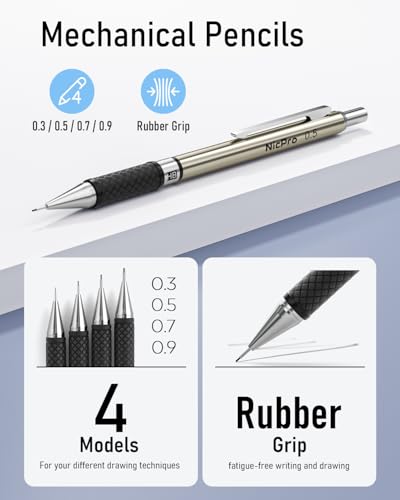 Nicpro 37PCS Art Mechanical Pencil Set, 4PCS Metal Drafting Pencil | 0.3mm, 0.5 mm, 0.7 mm, 0.9 mm & 2PCS 2mm Lead Holder (6B 4B 2B HB 2H 4H Colors) For Sketching Drawing With 23 Tube Lead Case - color: Black, style: 0.3 0.5 0.7 0.9 2.0