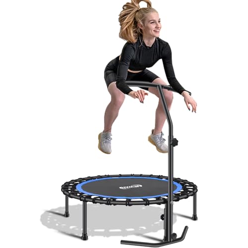Newan 40"-48" Silent Mini Trampoline Fitness Trampoline Bungee Rebounder Jumping Cardio Trainer Workout for Adults-Max Limit 330lbs - color: 40" Round Blue（Have Handle）