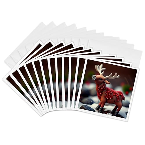 3dRose, Photograph of a miniature reindeer sculpture made of polymer clay., 12 Greeting Cards with envelopes - size: 12 Greeting Cards with envelopes